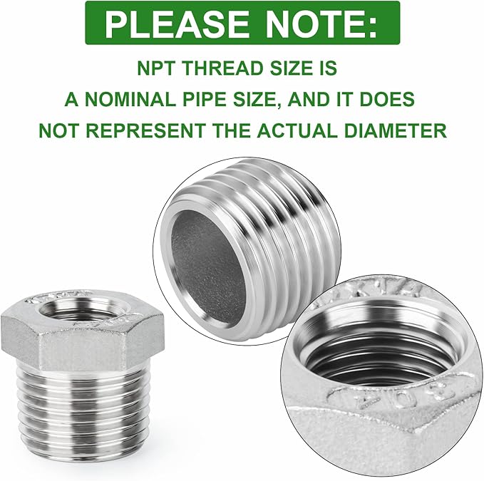 TAISHER 5PCS 304 Stainless Steel Reducer Hex Bushing, 3/4" NPT Male x 1/4" NPT Female, Reducing Pipe Adapter Fitting