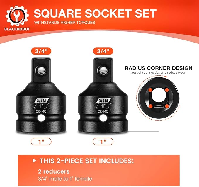 BLACKROBOT 2 Pieces 1” F To 3/4” M Impact Socket Adapter Set, SAE Drive Cr-Mo Steel Exceeds ANSI Standards, Square Drive Socket Reducer for Impact Driver Wrench