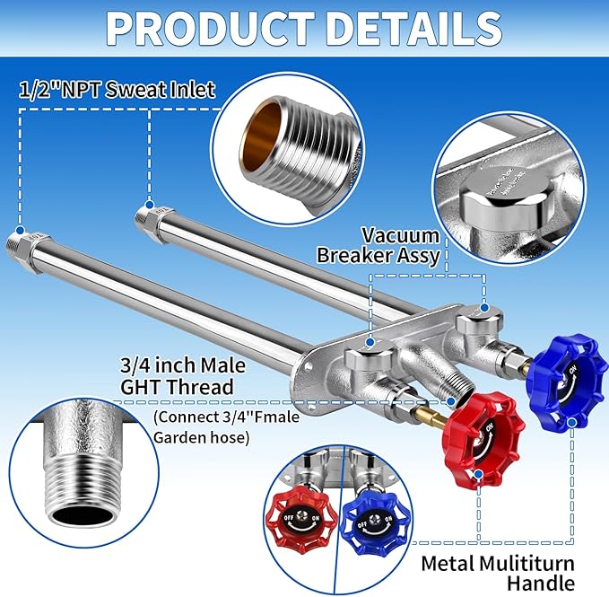Boltigen 4inch Anti-Siphon Frost Free Hot and Cold Sillcock Valve, Chromed Brass Freeze Proof Outdoor Water Wall Hydrant Faucet, 1/2" NPT X 3/4’’ GHT Hose Bib Frost Free Outside Spigot (4inch)