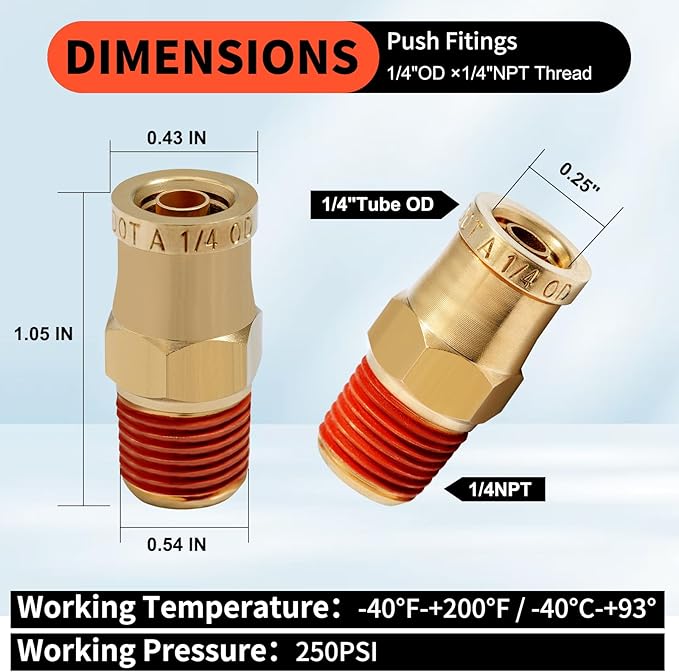 1/4 Brass Push to Connect Fittings 1/4" OD x 1/4" NPT Thread Male DOT Approved Air Brake Quick Connect Fittings Air Line Suspension Kit for Truck Trailers and Air System 5Pcs