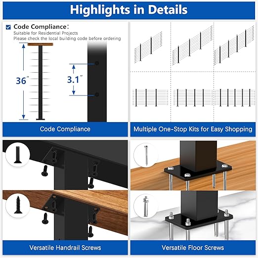 36" Expandable 16-20FT Black T304 Cable Railing Post Kit, Complete Cable Railing System with 5 Level Posts & 216ft 1/8" Wire Rope(No Handrail), Adjustable Length Easy DIY for Decks/Porch