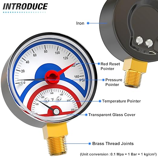 MEANLIN MEASURE 0-160Psi Thermal Pressure Gauge,0-250℉ 1/4" NPT 2.5" FACE DIAL, Boiler Temperature Pressure Gauge with Reset Pointer, with 1/2" NPT and 3/8" NPT Hex Bushing, Lower Mount