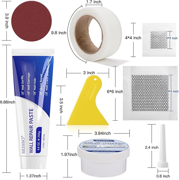 SEISSO Drywall Repair Kit, White- Wall Mending Agent 250 g* 2, Wall Repair Paste Plaster, 1 Pack Wall Putty, Repair Tape and Wall Repair Patch with 2inch 4inch, Quick Fill Crack and Nail Hole