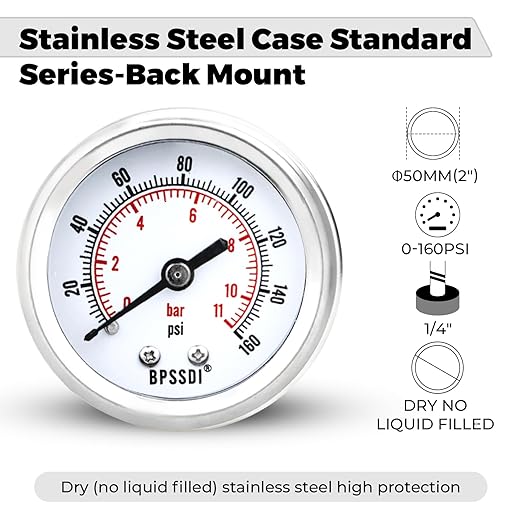 0-160 Psi Low Pressure Gauge, 2" Dial Size, 1/4 NPT Back Mount, Stainless Steel Case for Water Pressure Gauge Test for Water Pipe, HVAC(with Tape)