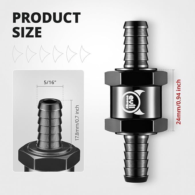 EVIL ENERGY 5/16" (8mm) Check Valve, 2 Pcs Aluminum One Way Fuel Check Valve for Gasoline, Diesel & Coolant with Universal Hose Clamps, Black