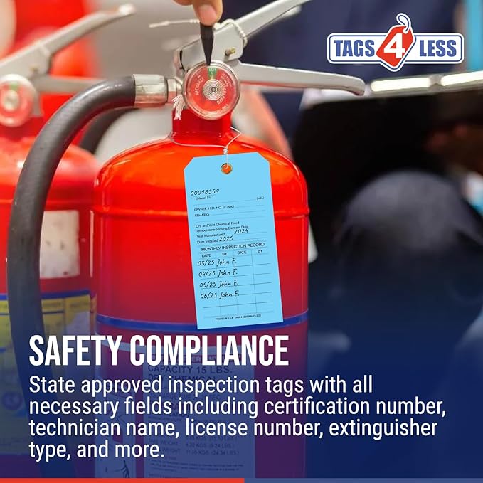 Tags 4 Less Custom Fire Extinguisher Tags – Preventative Maintenance Labels for Monthly Inspections, Alternative to Safety Sticker for Easy Record-Keeping – Pack of 100 (Light Blue, Vinyl Plastic)