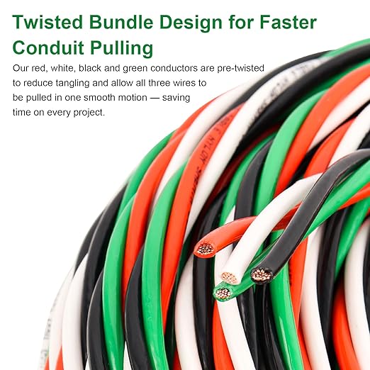 XRDS -RF 12 AWG THHN Wire 25FT, 4 Color (Black White Red Green) Pre-Twisted Stranded Copper Building Wire, 600V Nylon Jacket, for Branch Circuits, Panels & Control Wiring