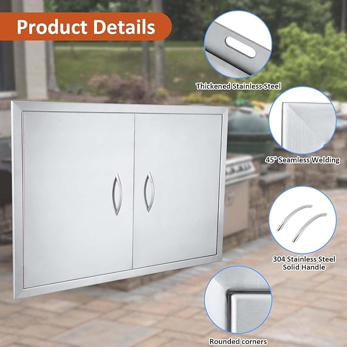 JIE JIN 35" W X 24" H Outdoor Kitchen Doors Double Doors Thickened 304 Brushed Stainless Steel BBQ Access Door BBQ Island Doors Outdoor Kitchen Accessories Door for Outdoor Kitchen BBQ Island