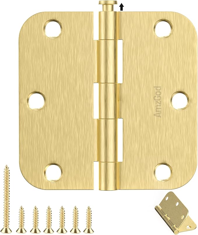 Door Hinges Satin Brass - 24 Pack Gold Door Hinges 3.5 Inch Rounded Interior Door Hinge with 5/8" Radius - 3 1/2 Inches Flat Iron Brass Hinges for Residential Standard Doors