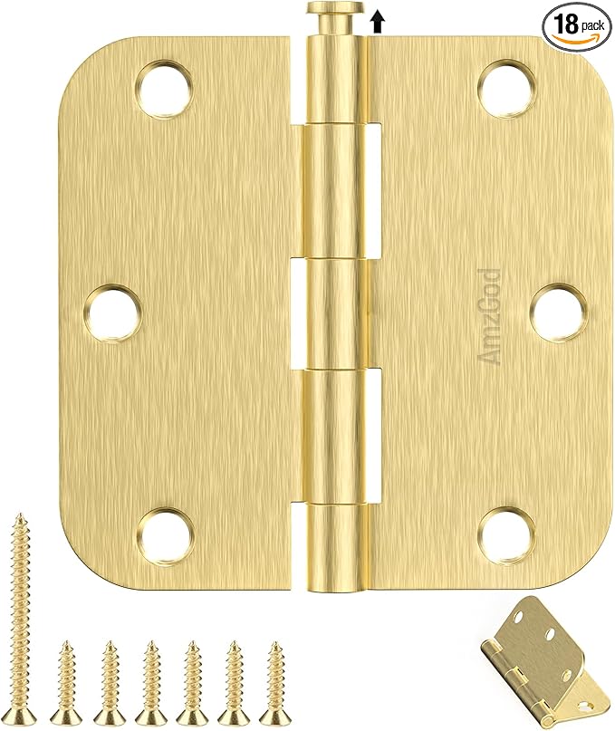 Door Hinges Satin Brass -18 Pack Gold Door Hinges 3.5 Inch Rounded Interior Door Hinge with 5/8" Radius - 3 1/2 Inches Flat Iron Brass Hinges for Residential Standard Doors