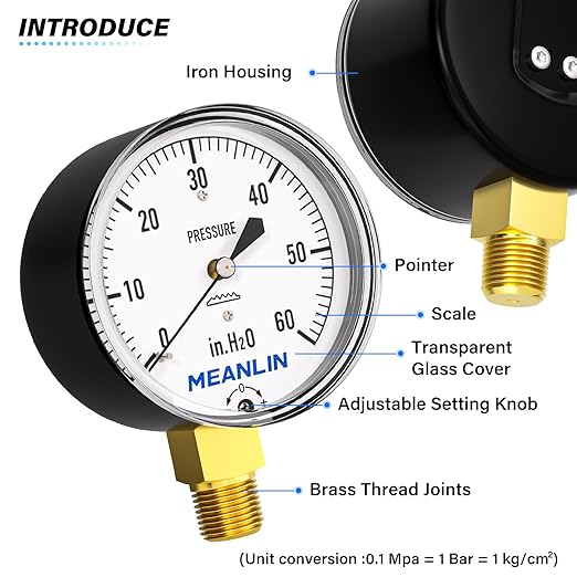 MEANLIN MEASURE 0-60 in H2O Diaphragm Type Capsule Low Pressure Gauge 1/4" NPT 2-1/4" FACE DIAL Adjustable Water Column Gauge, with 1/4" x 1/2" NPT and 1/4" x 3/8" NPT Hex Bushing, Lower Mount