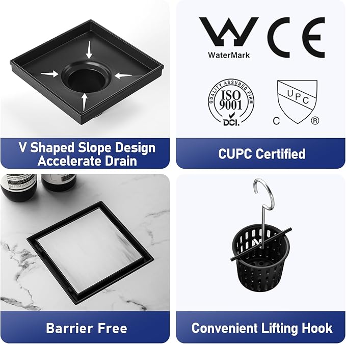 Square Shower Drain 6" with 2" PVC Flange Base, 304 Stainless Steel Tile in Floor Drain w/Tiled Insert Grate & Hair Catcher, CUPC Certified(Matte Black, 6'')