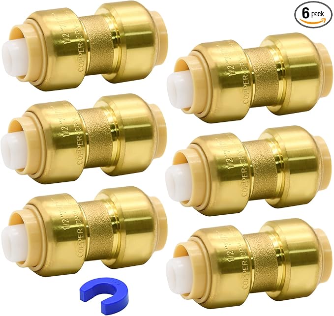 6 Pack Push-to-Connect Plumbing Fittings, 1/2" Pushfit Straight Fittings with Disconnect Clip for Copper, PEX, CPVC Pipe