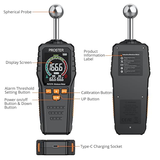 Proster Rechargeable Moisture Meter - Pinless Damp Meter for Walls with 2.4 inch Colour LCD Screen Sound Light Alarm Damp Detector Detects 5-40 mm Depth for Wood Building Cardboard Concrete