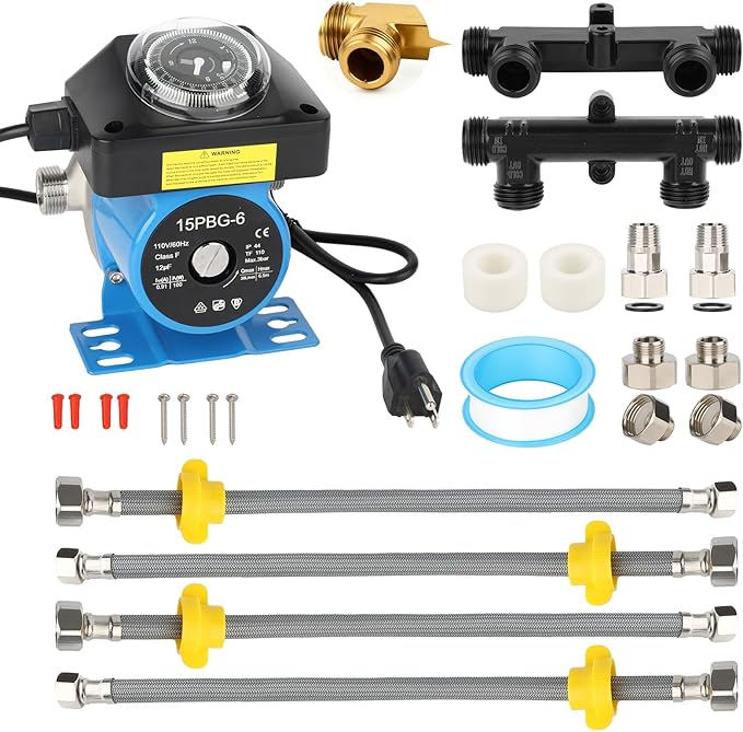 Compatible Watts 0955805,Grundfos 595916 OEM Hot Water Recirculating Pump Kit With Built-in Timer,Includes 2 Brass Sensor Valves(WP596816),4 Supply Lines,Super Quiet Get Instant Hot Water & Save.