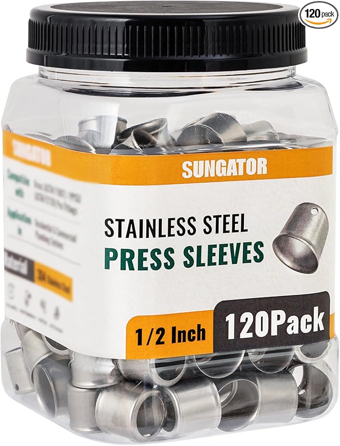 120 Pack 1/2" Pex Stainless Steel Press Sleeves, SUNGATOR 1/2'' Press Sleeves for 1/2 Inch Pex Pipe, Brass or Poly PPSU Pex Fittings