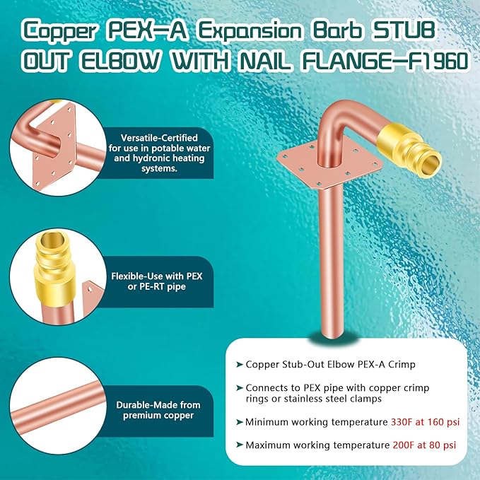 Boltigen 5PCS PEX Expansion, Cooper 1/2" Pex Copper Stub Out With Wall Flange, F1960 (3 1/2" x 6" Length)