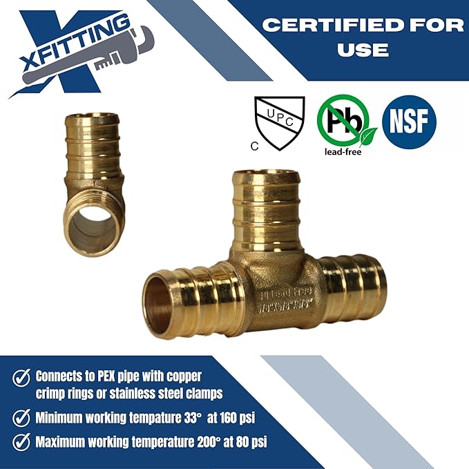 XFITTING 10 Pack 5/8" Pex B Tee, Brass, 400 PSI, ANSI-61/NSF Certified, Underground & Behind Walls Use
