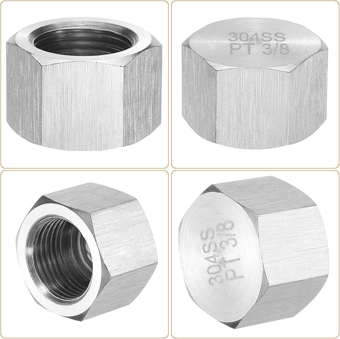 uxcell 4pcs Hex End Cap 304 Stainless Steel Nut with Washer, PT 3/8" Female Thread Pipe Fitting, Gas Line Water Line Stop Valve Cap Tubing Ends for Plumbing Fittings, Silver Tone