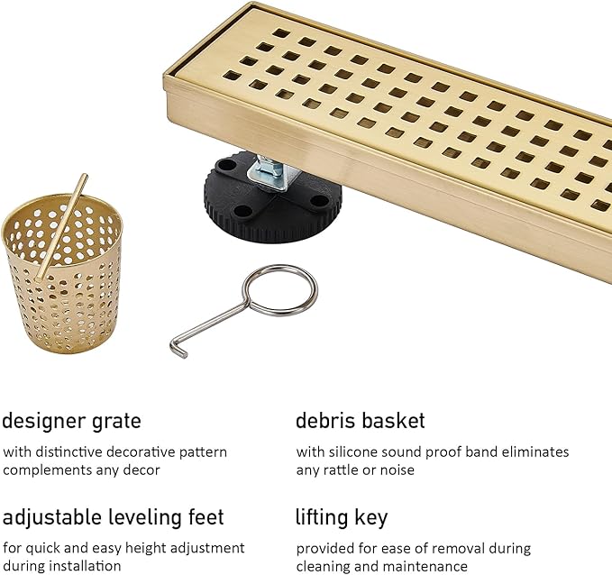 Linear Shower Floor Drain, Brushed Gold 40 Inch 304 Stainless Steel Bathroom Drains Kit, Long Rectangular Shower Trench Drain with Square Pattern Drain Cover & Hair Catcher