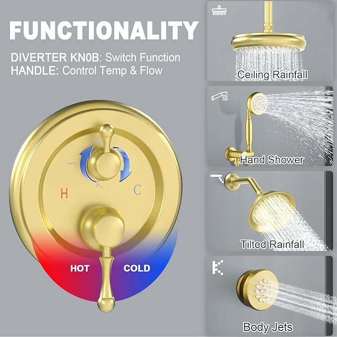 Enga Antique Shower Faucet Sets Dual Heads with 4 Body Jets, 8" + 6" Ceiling & Wall Mount Vintage Shower Head with Handheld Spray Combo, 4 Way Diverter Brass Valve, Brushed Gold