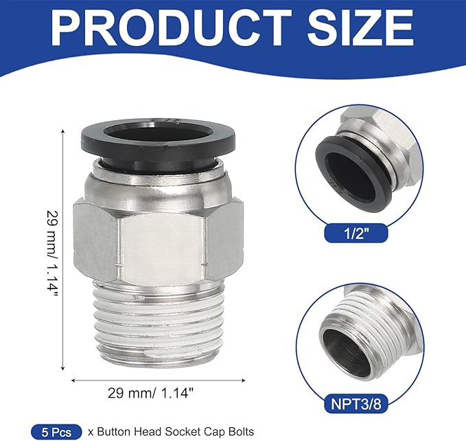MECCANIXITY 5 Pcs NPT Push to Connect Air Fittings, Male Straight 1/2" Tube OD x 3/8" NPT Thread Air Quick Connector Coupling Adapter for Gas Hose Pneumatic Tools Black