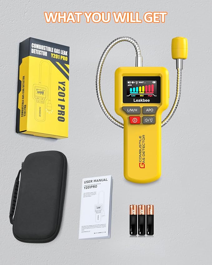 Y201-Pro Natural Gas Detector, Gas Leak Detector with 12-Inch Gooseneck, Locating The Source of Propane, Natural Gas, and Combustible Gas Leak for Home and RV (Battery x3 1.5V AA) - Yellow