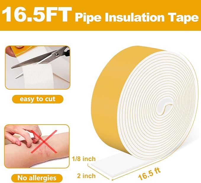 DEMEDO Pipe Insulation Tape, Pipe Wrap Insulation Foam Tape Self Adhesive, Outdoor Water Pipe Insulation Roll for HVAC, AC Line Insulation, 2 inch x 16.5 FT Heat Tape for Water Pipe, White
