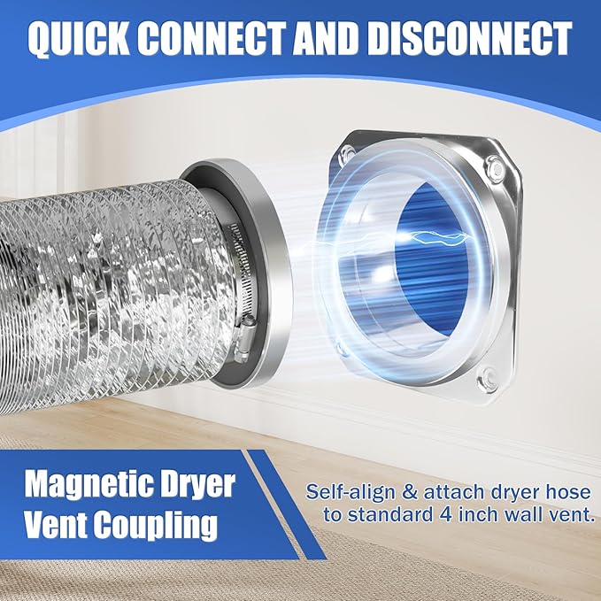 Magnetic Dryer Vent Coupling Kit-DV180 Airtight Seal Dryer Vent Connector Kit, Quick Connect/Disconnect with 4" x 3.3ft Duct & 2 Clamps, Easy to Clean & Install Connector for Dryer Venting