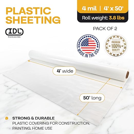 Plastic Sheeting 4 mil, 4' x 50' (200 sq.ft.), Pack of 2 - Thick Semi-Clear Plastic Sheeting for Construction, Painting, Drop Cloth, Slide&Slip - Heavy Duty LDPE Film Roll by IDL Packaging