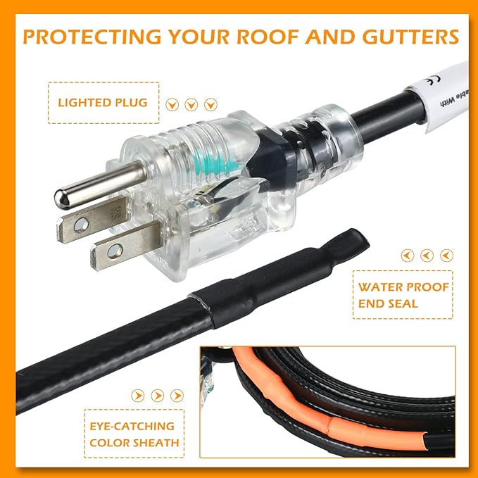 Kingdder 6FT - 48FT Heat Tape for Water Pipes Thermostat Self Regulating Heating Cable with Power Indicator Plug Built-in, Heavy Duty Heating Cable for Pipe Freeze Protection, 120V 8W/ft(1 Pcs,18 Ft)