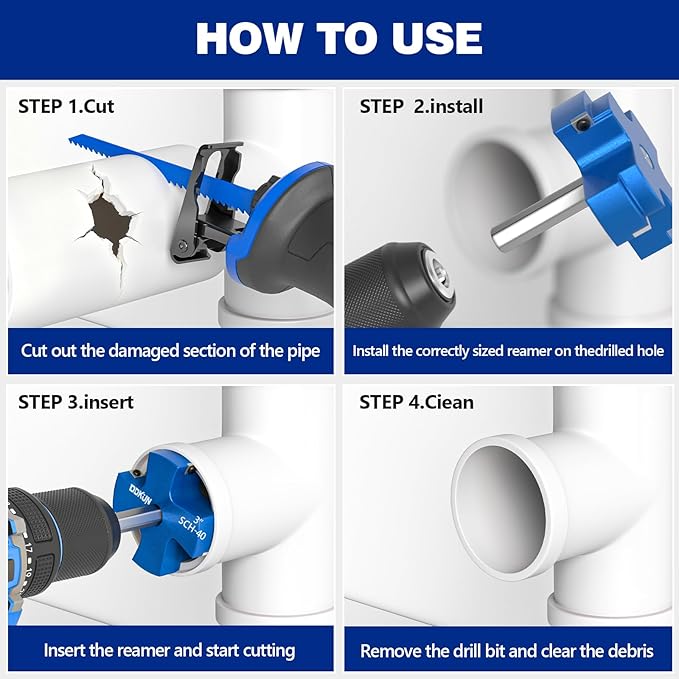 9Pcs PVC Pipe Reamer Kit, PVC Fitting Saver for SCH40, Includes 1/2, 3/4, 1, 1-1/4, 1-1/2, 2, 2-1/2, 3, 4,Plumbing Pipe Fitting Tools with 4 Blades-Compatible with 1/2" Drills