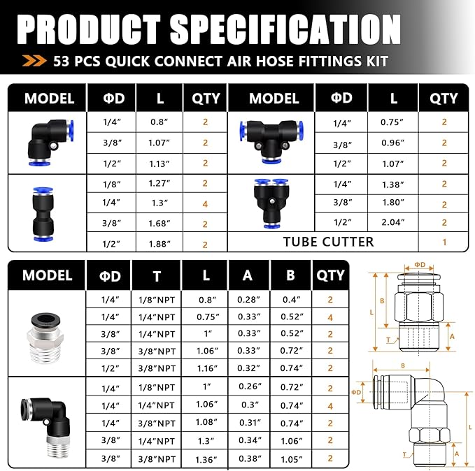 mankk 53PCS Quick Connect Air Hose Fittings Kit 1/8" 1/4" 3/8" 1/2" Push to Connect Fittings Air Line Quick Connect Fitting Quick Release Pneumatic Kit