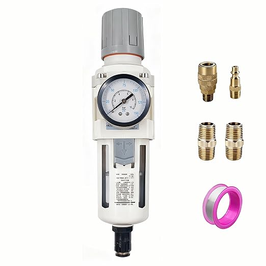 XingNEeng 1/2" NPT Compressed Air Filter Regulator Lubricator Combo, Auto-Drain Water/Oil Trap Separator, Gauge(0-150 psi), Poly Bowl, Metal Bracket, 5 Micron Brass Element, for Pneumatic Systems