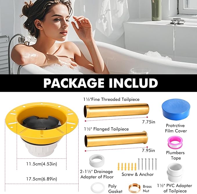 Freestanding Tub Drain Rough-in Kit, Bathtub Drain Kit with PVC Plastic Adapter and Brass Tail Pipes, Compatible for Freestanding Bathtub, Floor Mounted, Copper Bathtub, Yellow