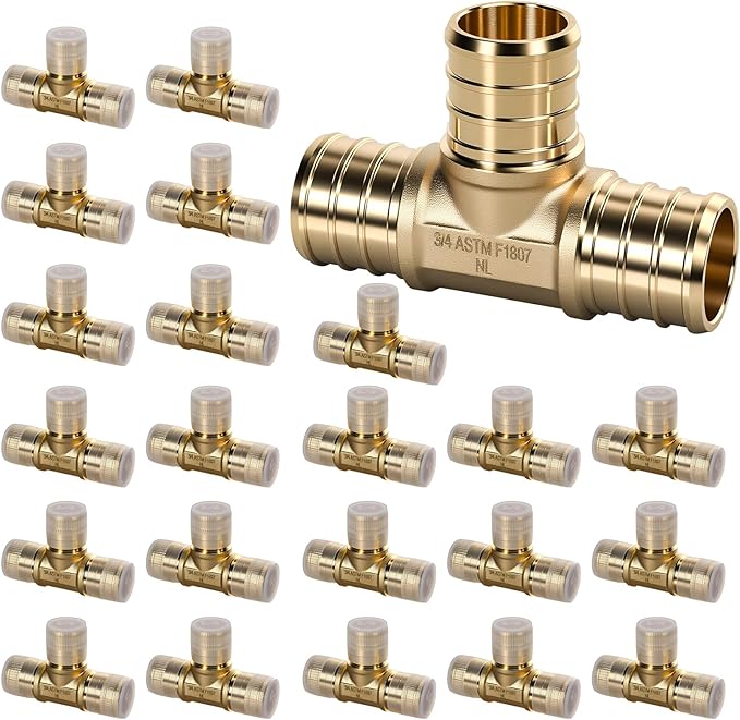 PEX Fittings 3/4 Inch, 24PCS Tee Lead-Free Brass Connectors for PEX B Pipe, NSF UPC Certified, ASTM F1807, Compatible with Crimp/Clamp Rings (Hot/Cold Water, Hydronic Heating)