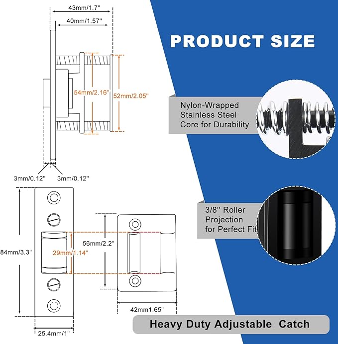 HOMOTEK 1 Pack Commercial Heavy Duty Door Roller Catch, Drive in Ball Catch with Strike Plate Solid Zinc Adjustable Silent Door Latch, Spring Tension Roller, Black