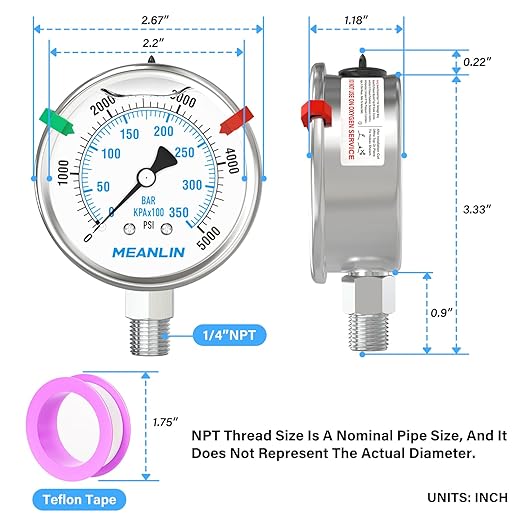 MEANLIN MEASURE 0~5000Psi Liquid Filled Pressure Gauge Stainless Steel 2.5" FACE DIAL 1/4" NPT 316 Stainless Steel Joint for WOG Water Oil Air Lower Mount, with 2PCS Snaps