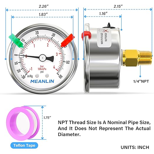MEANLIN MEASURE -30inHG~60Psi Vacuum Gauge Stainless Steel 1/4" NPT 2" FACE DIAL Waterproof for Air Compressor HVAC Negative Pressure Hand Pump Pool Center Back Mount (with 2PCS Snaps)