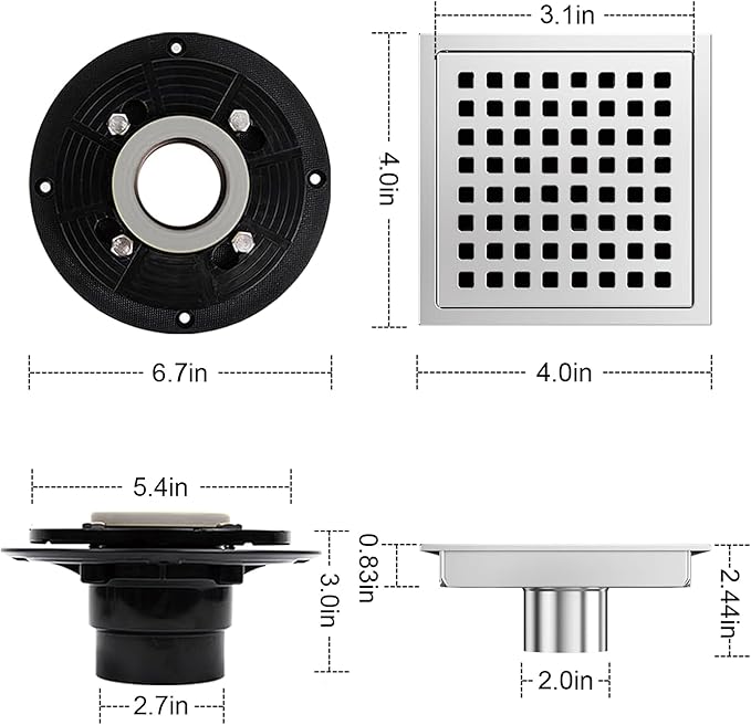 4 Inch Square Shower Floor Drain, Shower Drain Kit with Flange, Square Shower Drain, SUS 304 Stainless Steel Floor Drain,Silver