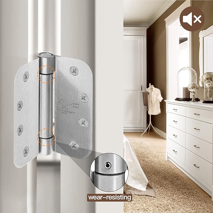 4 Inch Self Closing Satin Nickel Door Hinge 5/8" Radius Corner 3pack, Adjustable Tension for Garage, Front Door, Back Door, Left and Right Hand Door, UL Listed