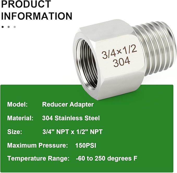 TAISHER 5PCS 304 Stainless Steel Pipe Fitting, New Reducer Adapter, 1/2" NPT Male x 3/4" NPT Female, Reducing Pipe Adapter Fitting
