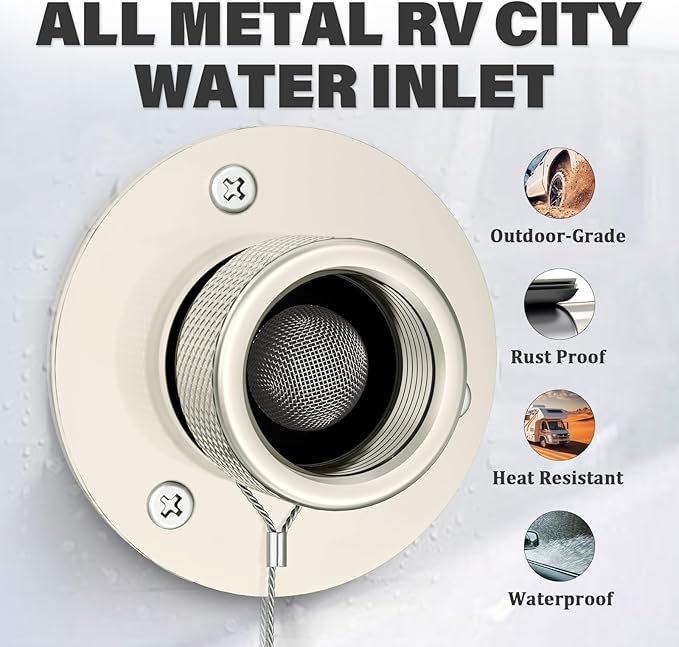 All Metal RV City Water Inlet with Check Valve RV water inlet -rv water fill inlet Leak Proof & Universal Fit for RV Camper Motorhome Trailer Marine -Nickel