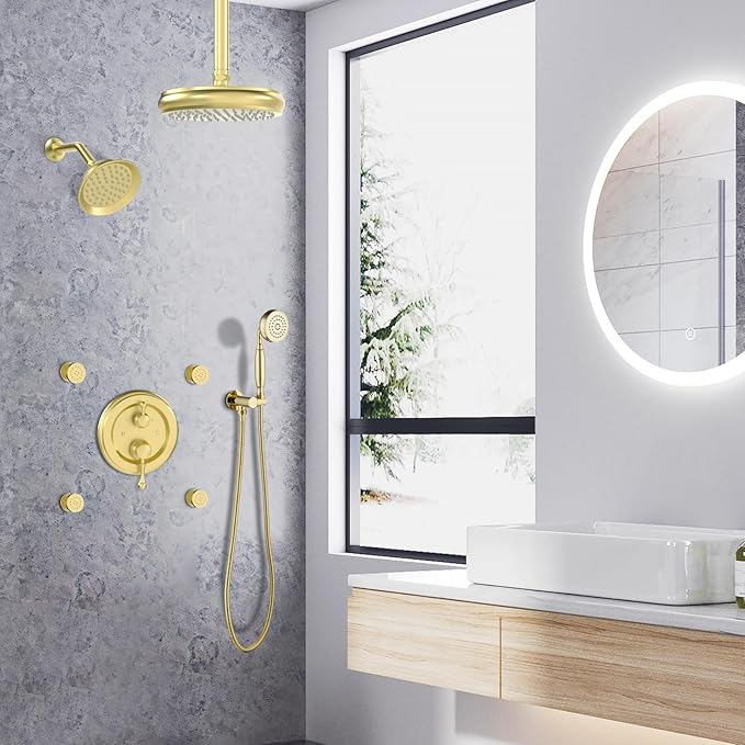 Enga Antique Shower Faucet Sets Dual Heads with 4 Body Jets, 8" + 6" Ceiling & Wall Mount Vintage Shower Head with Handheld Spray Combo, 4 Way Diverter Brass Valve, Brushed Gold