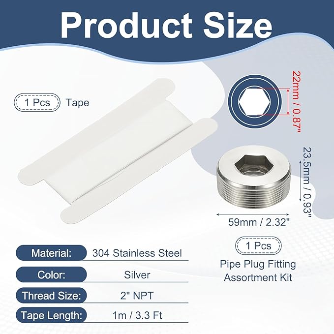 PATIKIL 2" NPT Male Internal Hex Pipe Fitting, 304 Stainless Steel Pipe Plug Fitting Assortment Kit Countersunk Thread Head Socket Pipe Plug Fitting Adapter with Tape, Silver