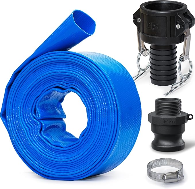 Cleartide Pool Backwash Drain Hose with Camlock Fittings, 1-1/2" x 25ft Heavy Duty Reinforced Blue PVC Lay Flat Discharge Hose for Pump, Pool Drainage, Includes 125M Adapter & Stainless Steel Clamp