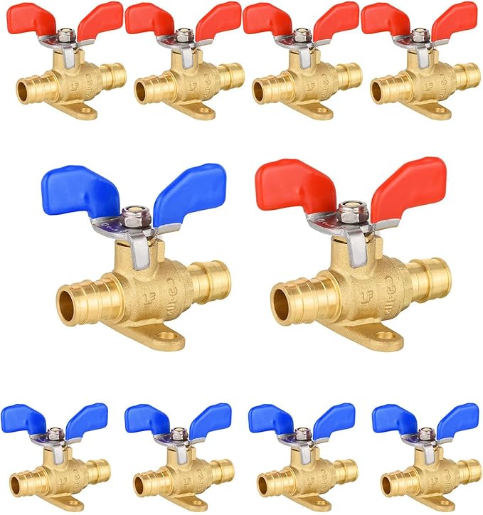10 Pack Foskan PEX-A Expansion Drop Ear Ball Valve, 3/4" Full Port Shut-off Valve with Blue or Red Butterfly Handle for PEX-A Pipe Connection