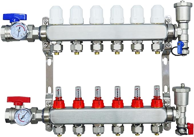 6 Branch PEX Radiant Floor Heating Manifold Set Floor Heating Water Distributor 1/2" Pipe Adapter 306 Stainless Steel and Brass, for Heating Systems