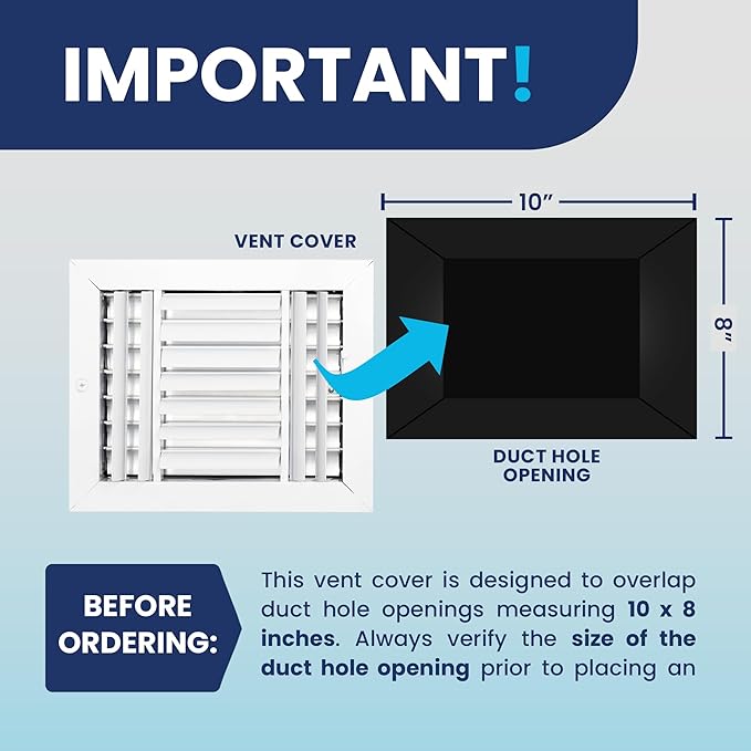 10x8 Inch (Duct Opening) Aluminum 3-Way Air Flow Vent – HVAC Vent Cover for Wall or Ceiling – Quiet HVAC Wall Register with Multi-Shutter Damper – Adjustable Curved Blade - Plastic Seal for Tight Fit