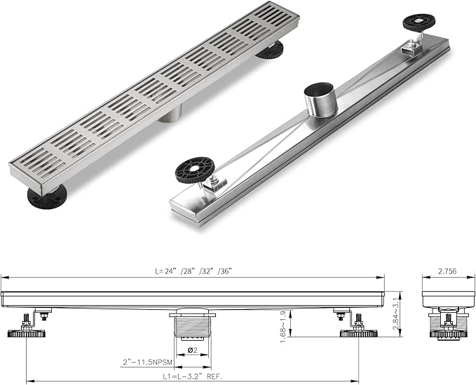 Linear Shower Drain 28 Inch, Professional Brushed SUS-304 Stainless Steel Shower Drain, 51L/Min Fast Drainage Floor Linear Drain, US Standard CUPC Certified, Brushed Silver, SD-109